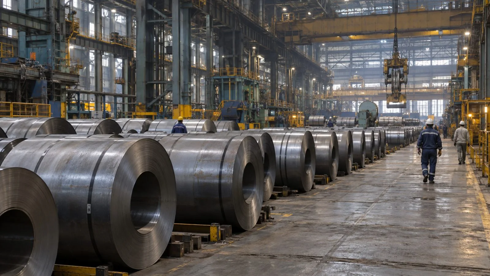 Finished-steel coils line a working mill floor at Jamshedpur Works in India. (AI-generated image / EconoTimes)