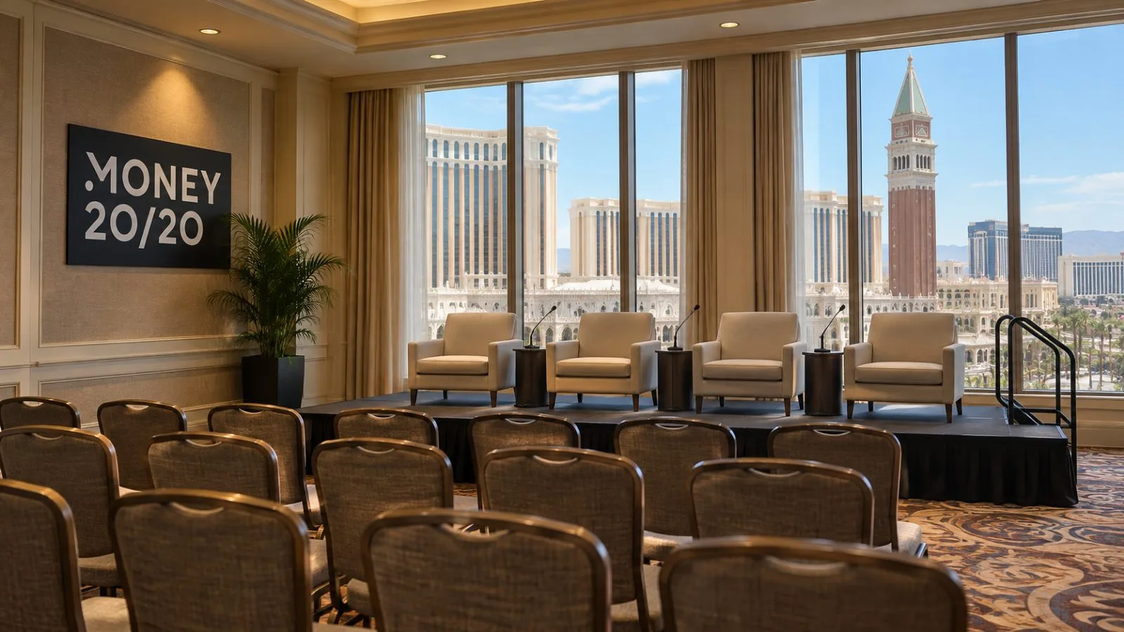 Empty panel chairs and microphones stand inside The Venetian in Las Vegas. / EconoTimes.ai