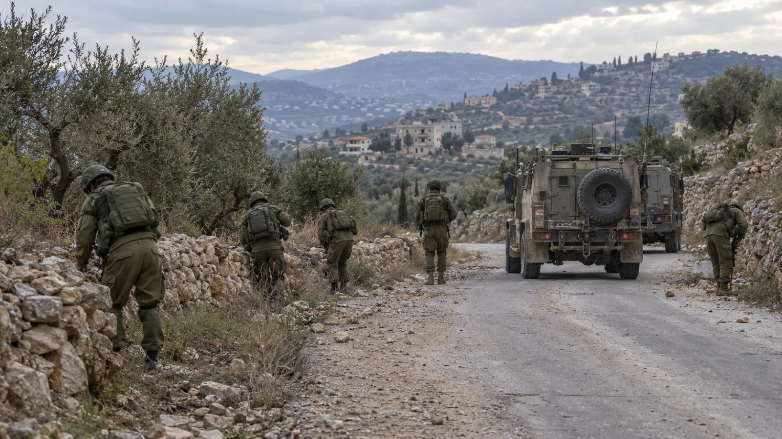 Soldiers search beside armored vehicles on a rural track outside Habbariyeh in southern Lebanon. (AI-generated image / EconoTimes)