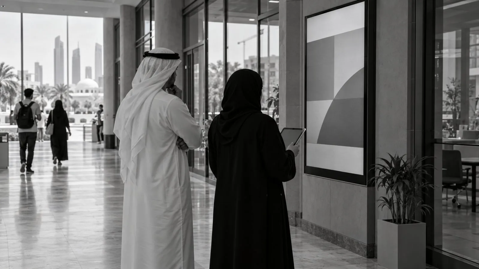 Inspectors review a digital course advertisement during a university compliance visit in Abu Dhabi, UAE. (AI-generated image / EconoTimes)