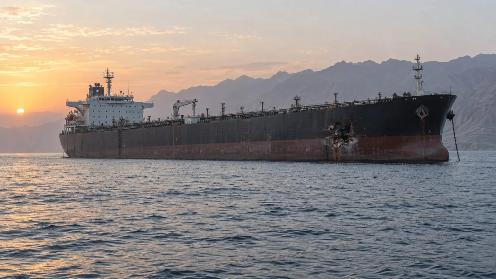 A tanker lies at anchor in waters west of Bukha, Oman, at dawn. (AI-generated image / EconoTimes)