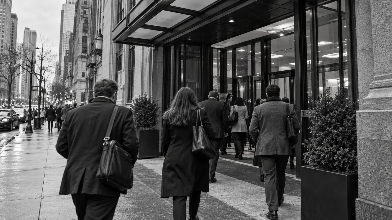 Attendees enter a conference venue in New York City on an overcast afternoon. (AI-generated image / EconoTimes)