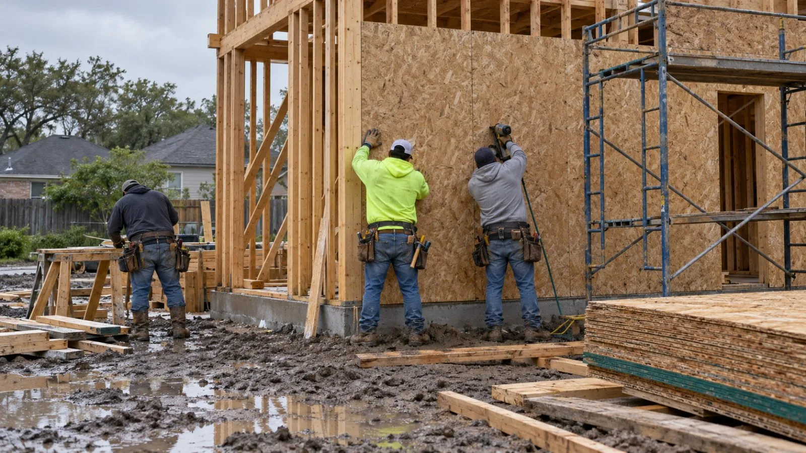 Workers install wall sheathing at a home construction site in Houston, Texas. (AI-generated image / EconoTimes)