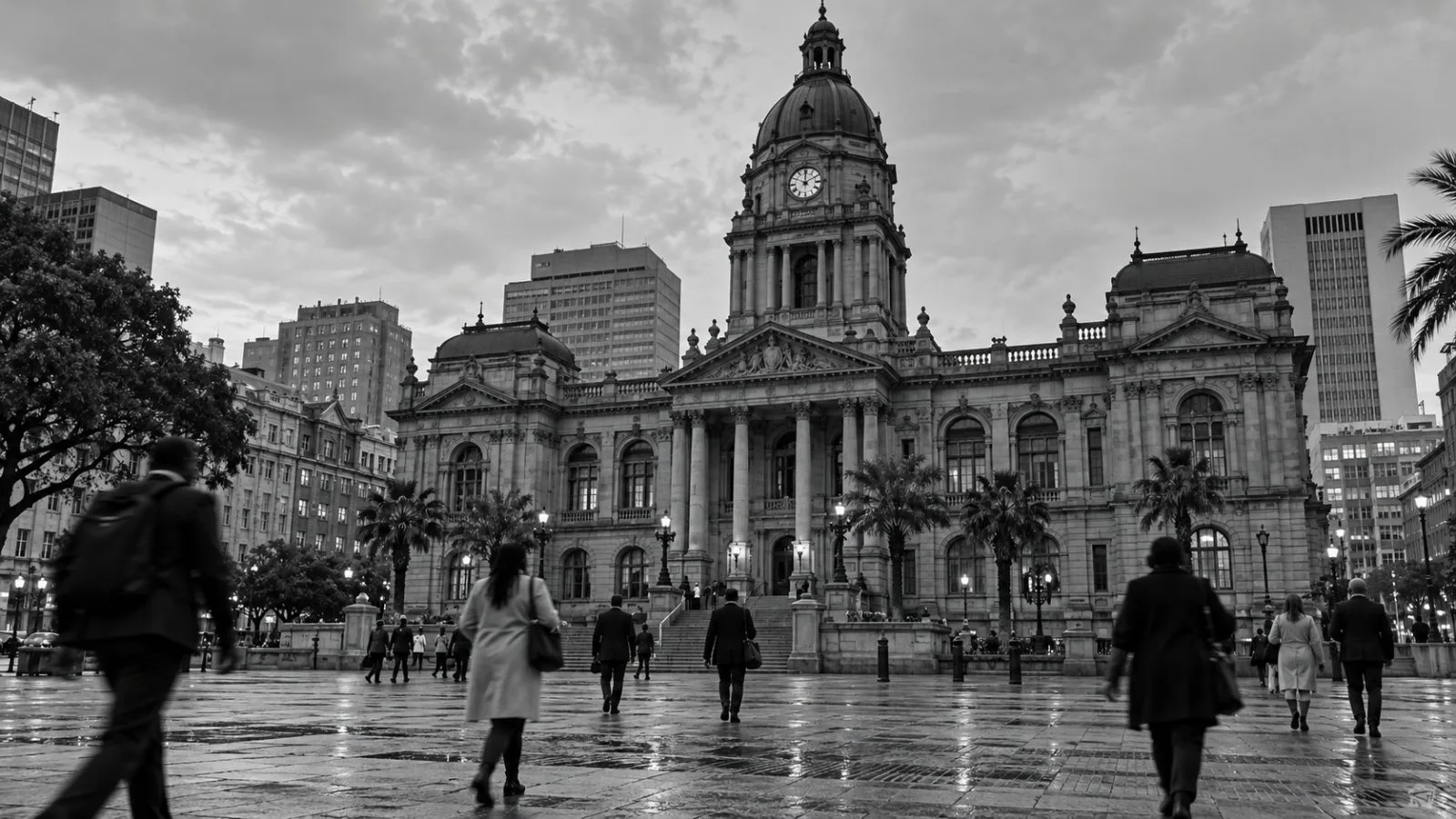 Johannesburg City Hall stands above pedestrians crossing its forecourt in central Johannesburg, South Africa. (AI-generated image / EconoTimes)