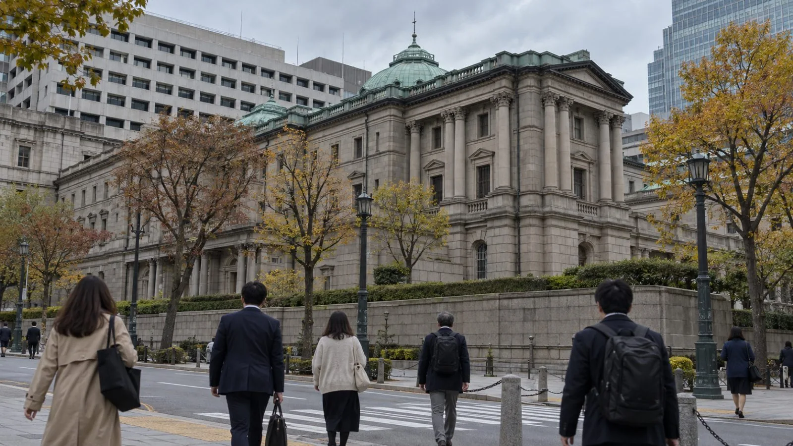 Pedestrians pass the Bank of Japan headquarters in Tokyo under overcast skies. (AI-generated image / EconoTimes)