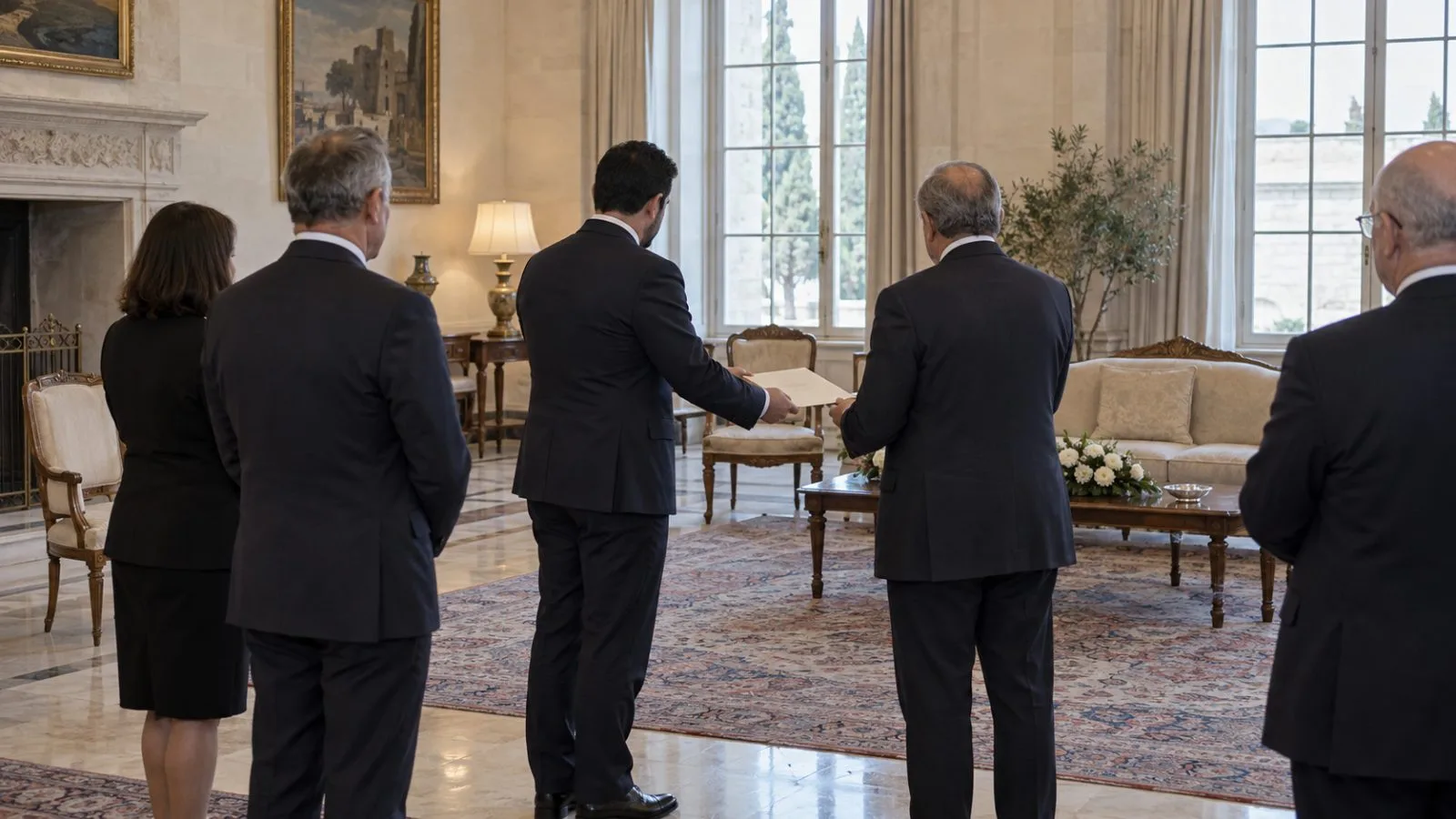 Officials seen from behind during a diplomatic credentials ceremony in Nicosia, Cyprus (AI-generated image / EconoTimes)