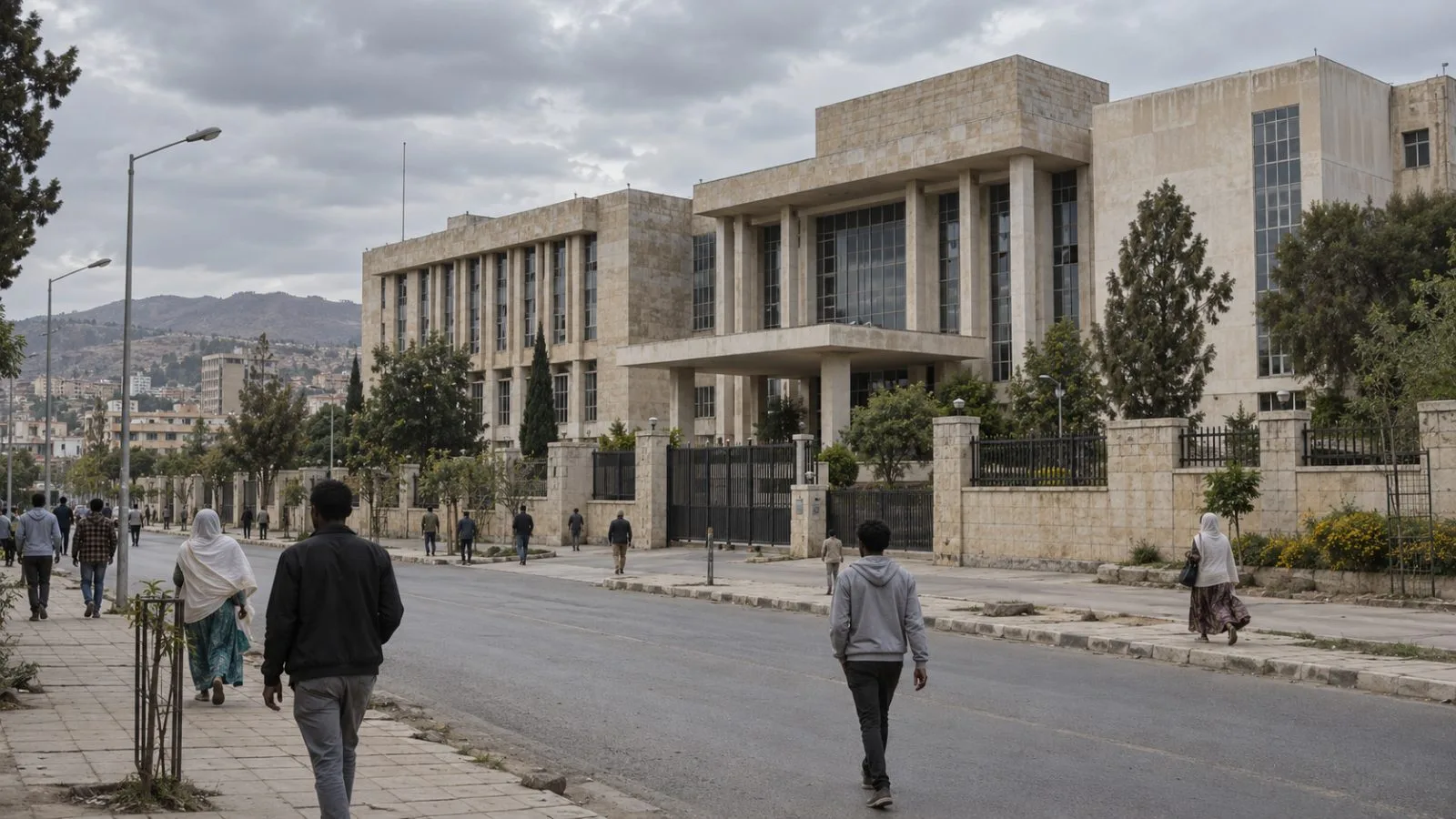 Pedestrians walk past the regional administration building in Mekelle, northern Ethiopia. (AI-generated image / EconoTimes)