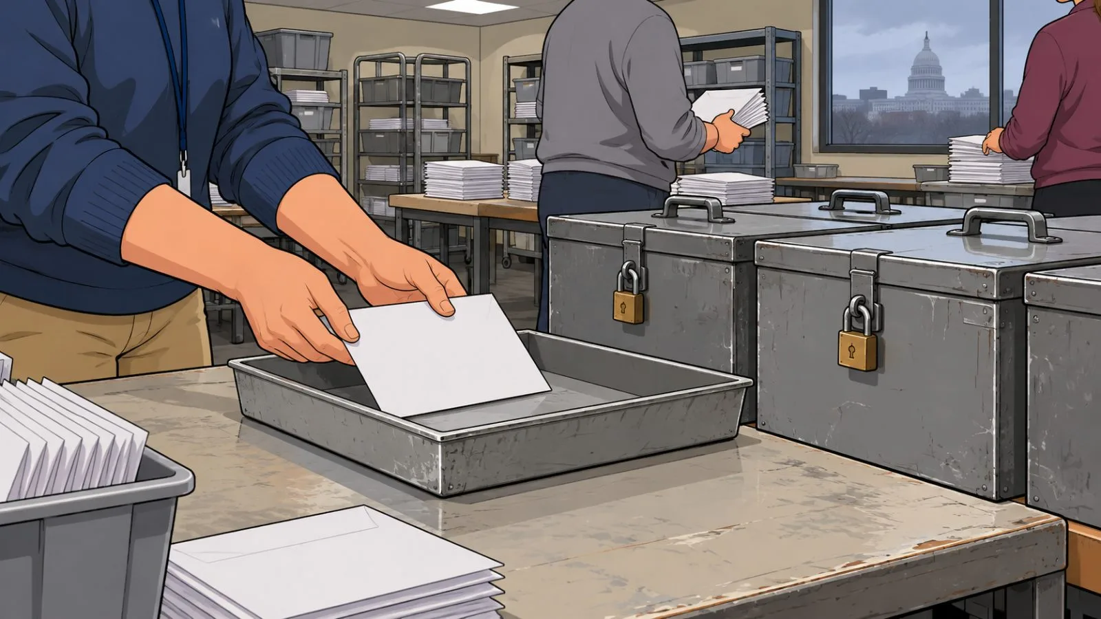 Election office staff sort incoming mail in Washington, D.C., ahead of the federal vote. (AI-generated image / EconoTimes)