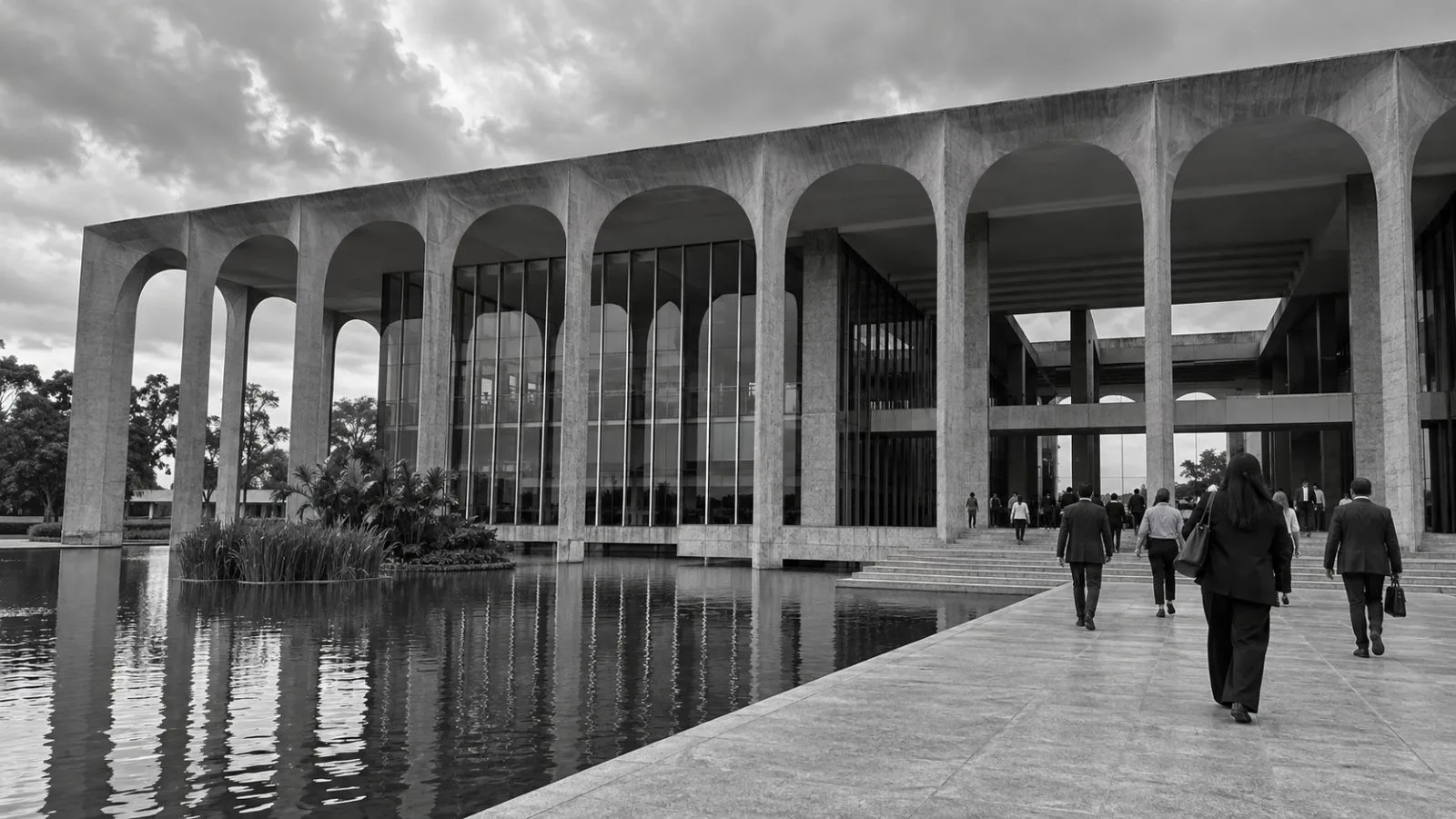 Visitors enter Brazil's Foreign Ministry in Brasília on a cloudy afternoon. (AI-generated image / EconoTimes)