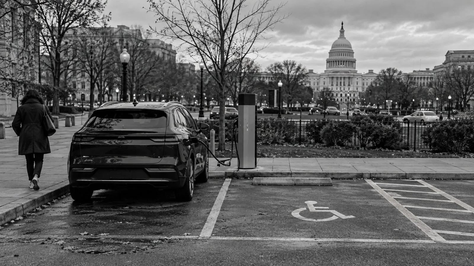 An electric vehicle charges beside an accessible parking bay at a public station in Washington, D.C. (AI-generated image / EconoTimes)