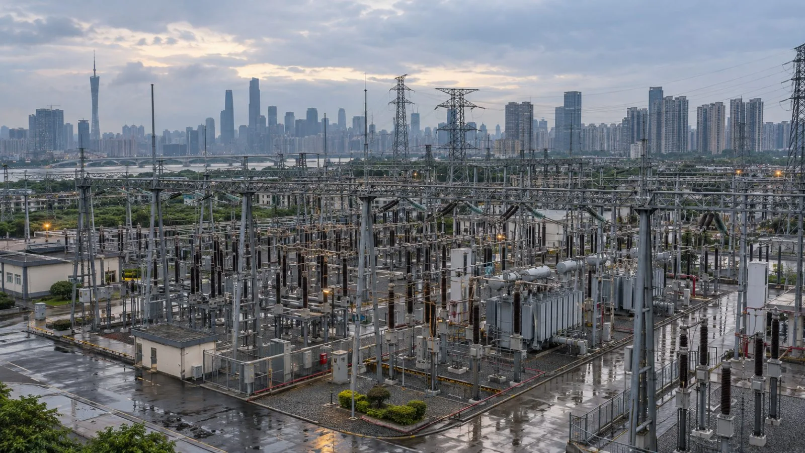 High-voltage lines cross an urban substation in Guangzhou, Guangdong, after rain. (AI-generated image / EconoTimes)
