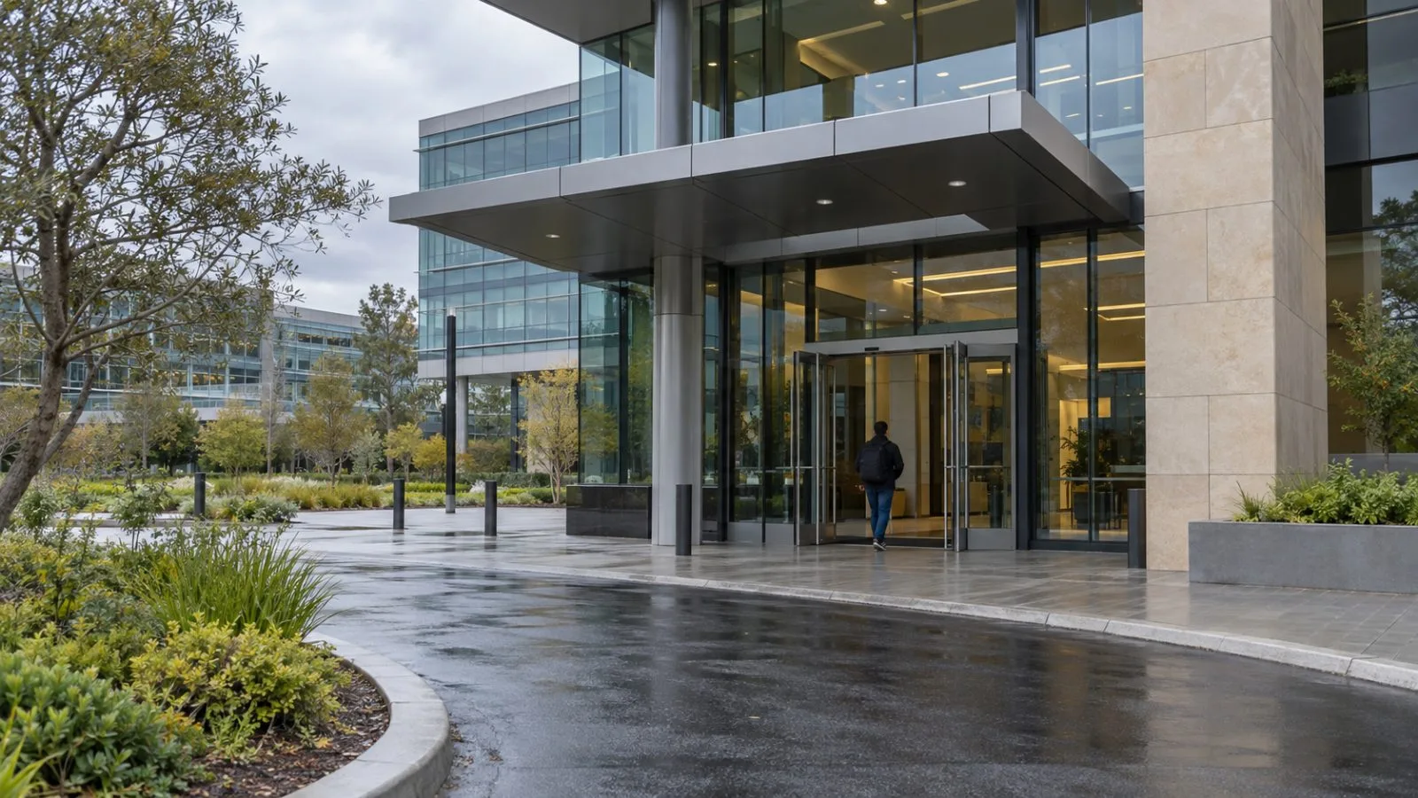 An employee enters Marvell Technology's headquarters in Santa Clara, California, on an overcast morning. (AI-generated image / EconoTimes)