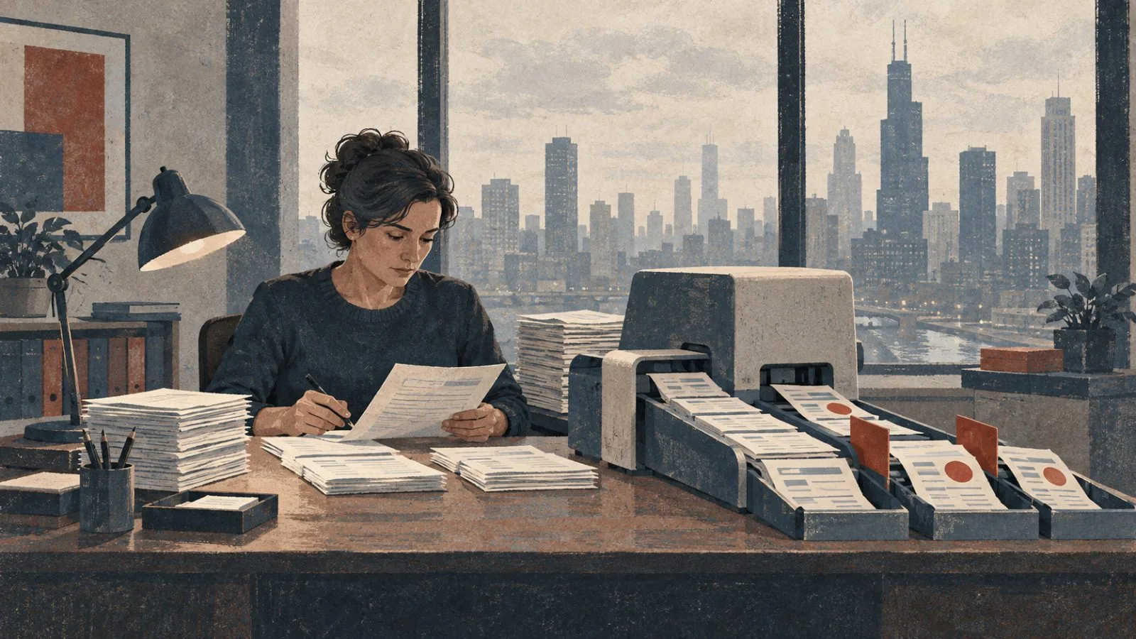 An accountant checks AI-assisted invoice entries at a small-business office in Chicago. (AI-generated image / EconoTimes)