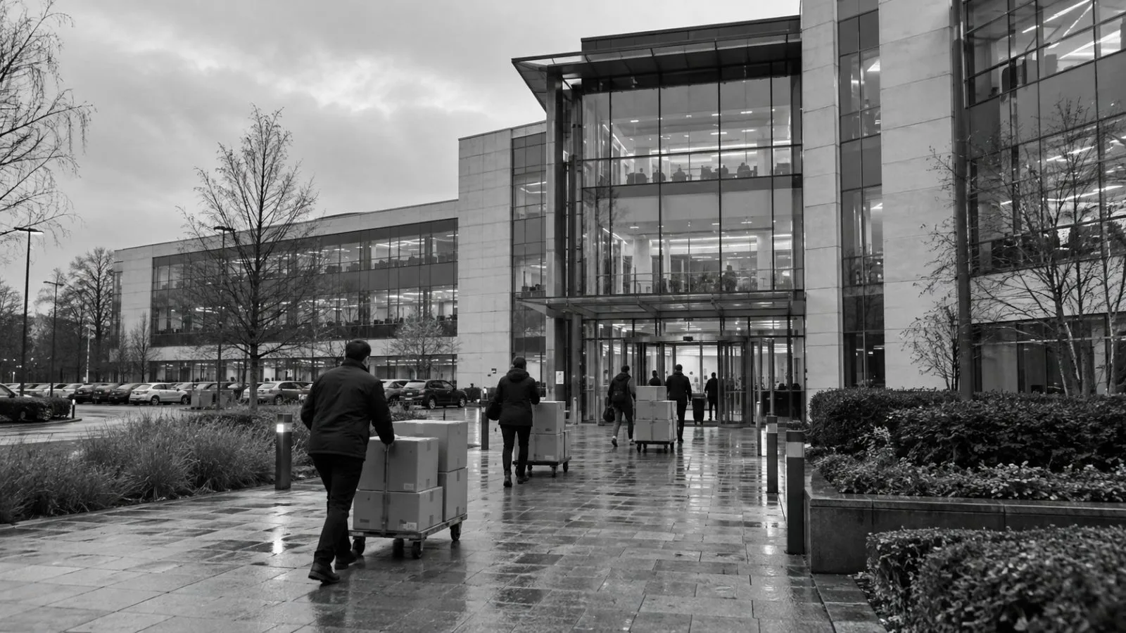 Workers wheel boxed computer hardware outside an office building in Hatfield, England. (AI-generated image / EconoTimes)
