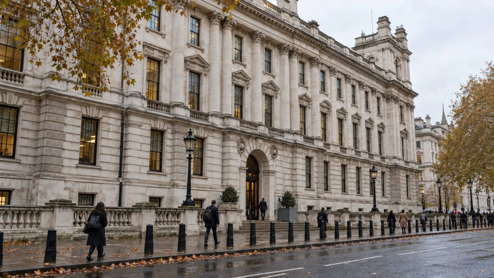 Pedestrians pass HM Treasury on Horse Guards Road in London beneath an overcast autumn sky. (AI-generated image / EconoTimes)