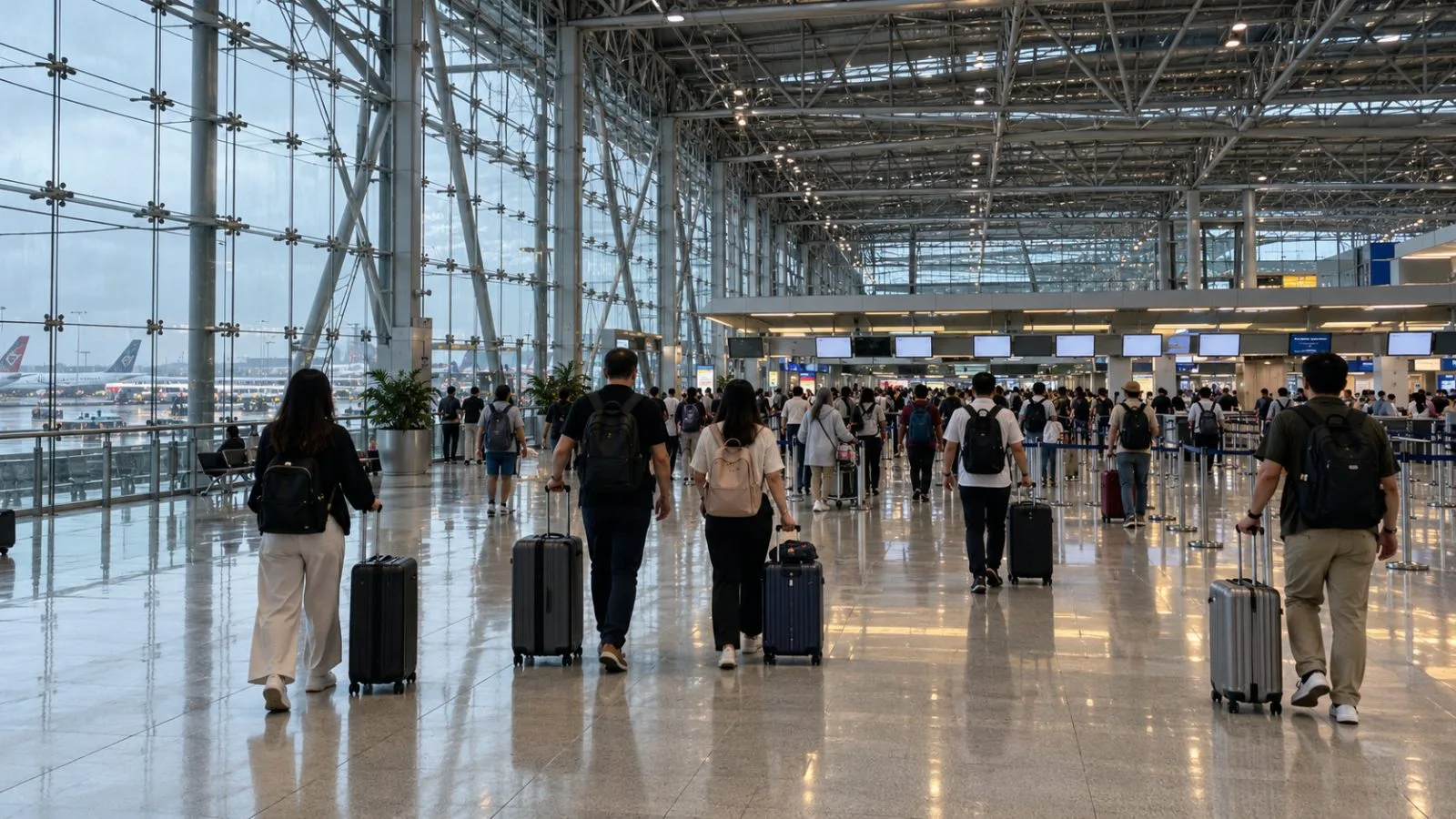 Travelers wheel suitcases through Suvarnabhumi Airport's international departure hall in Bangkok, Thailand. (AI-generated image / EconoTimes)