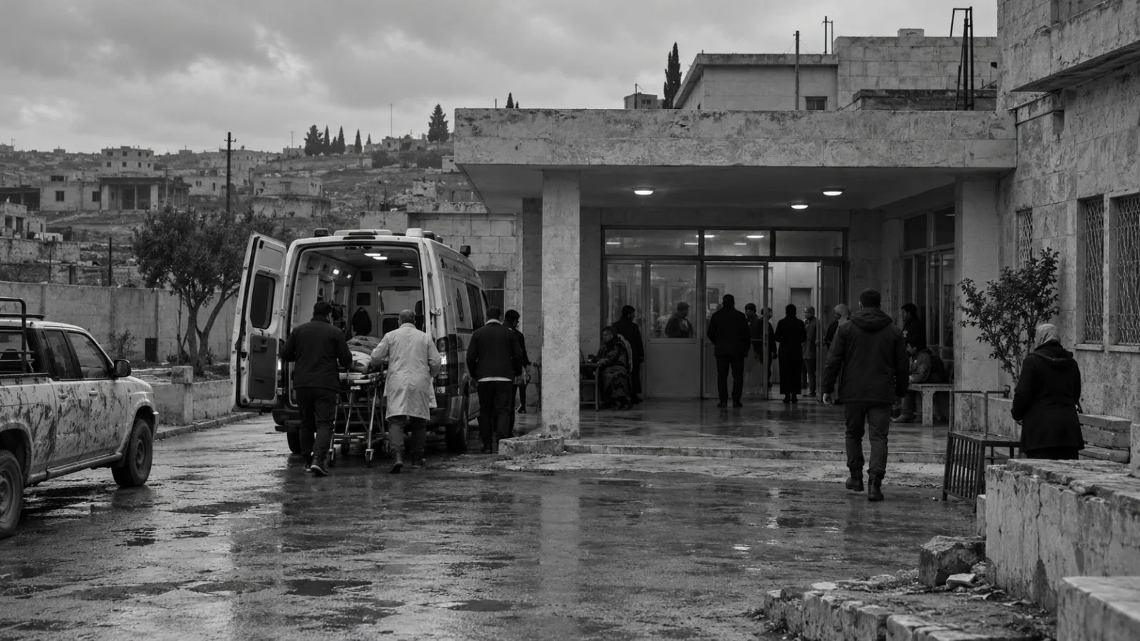 An ambulance is parked outside a hospital in Al-Muzayrib, in Syria’s Daraa countryside. (AI-generated image / EconoTimes)