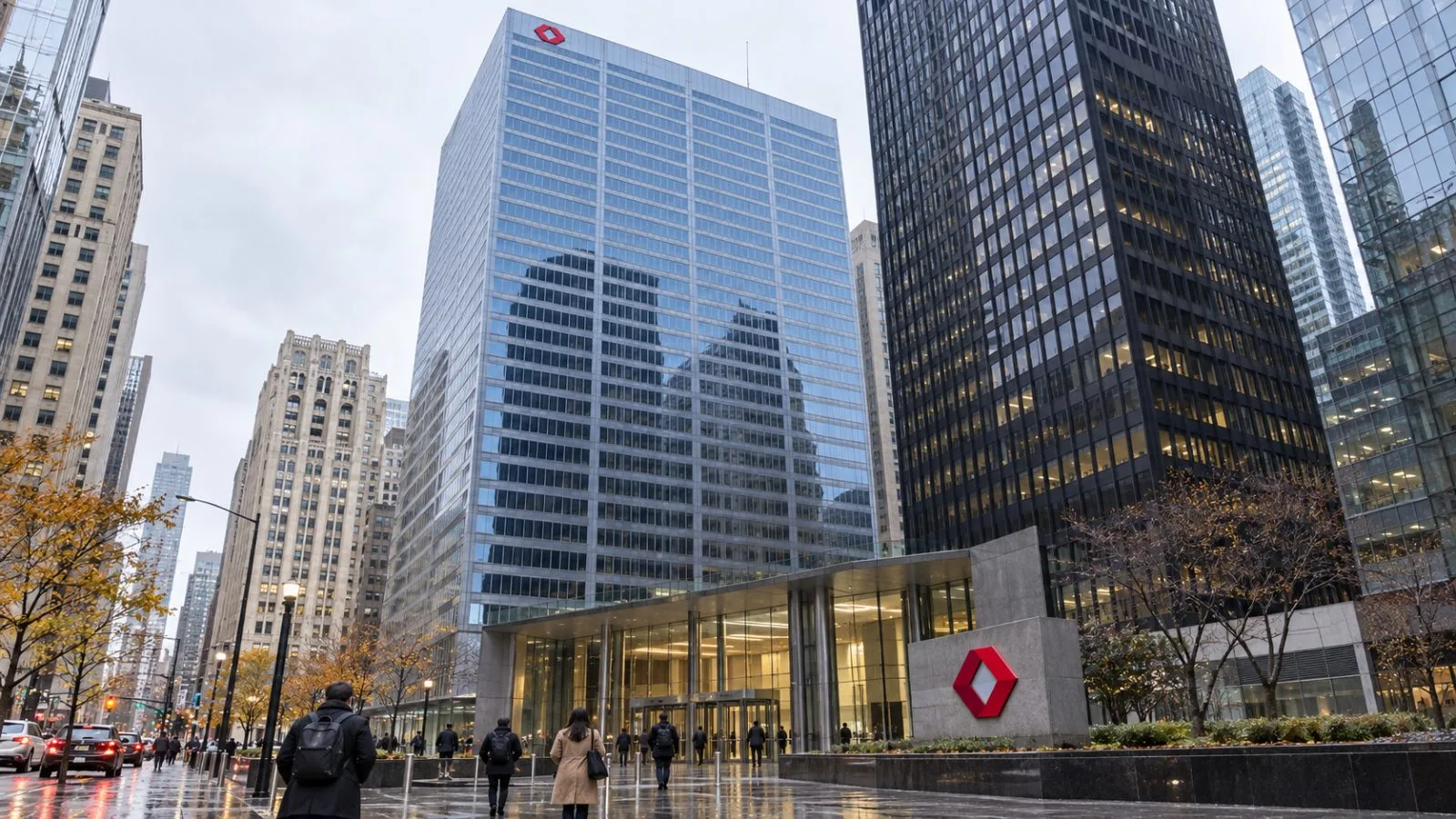 Pedestrians enter a glass office tower at CIBC Square in Toronto on an overcast morning. / EconoTimes.ai