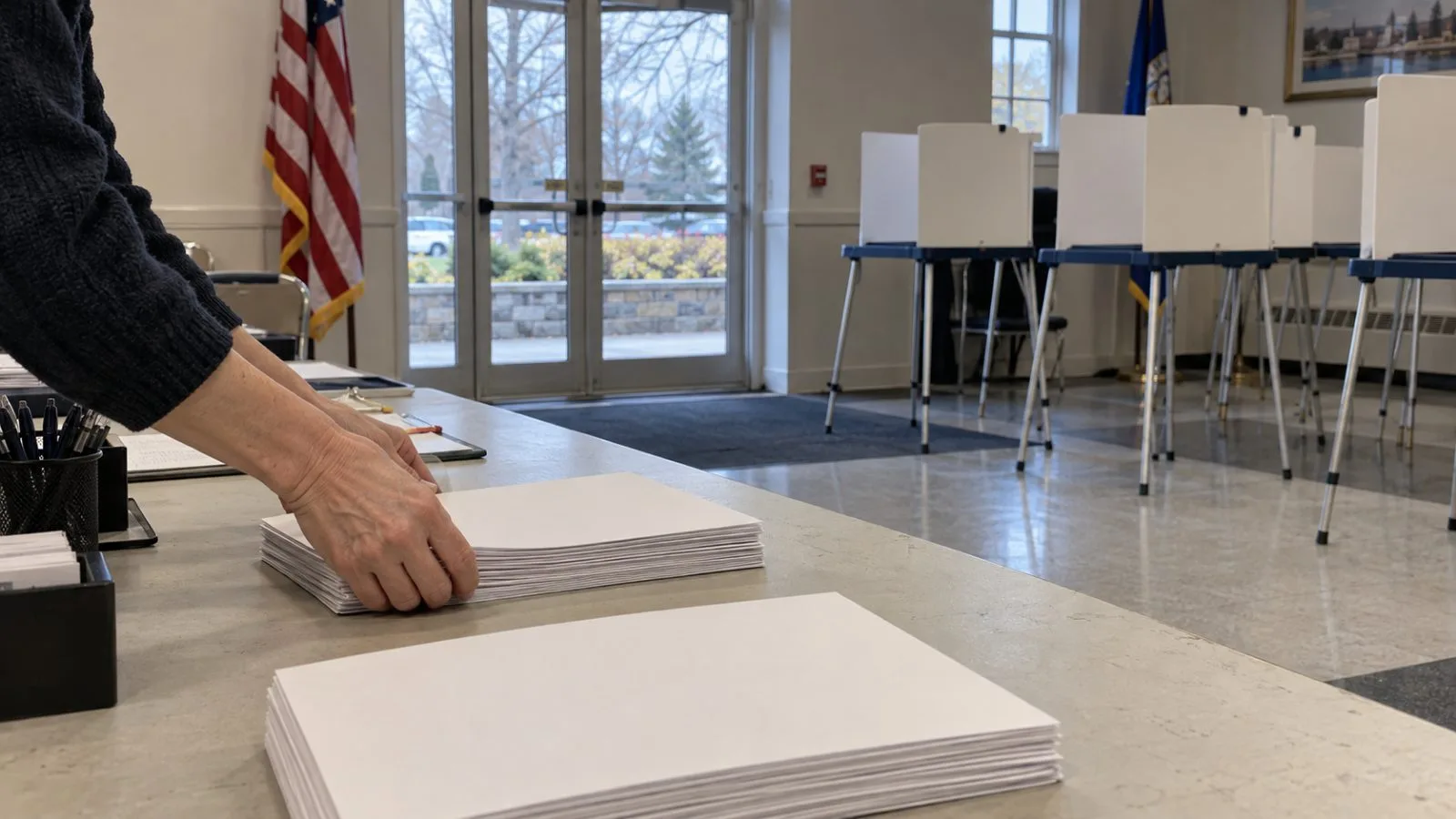 A poll worker arranges sample ballots at a polling station in Norwalk, Connecticut. (AI-generated image / EconoTimes)