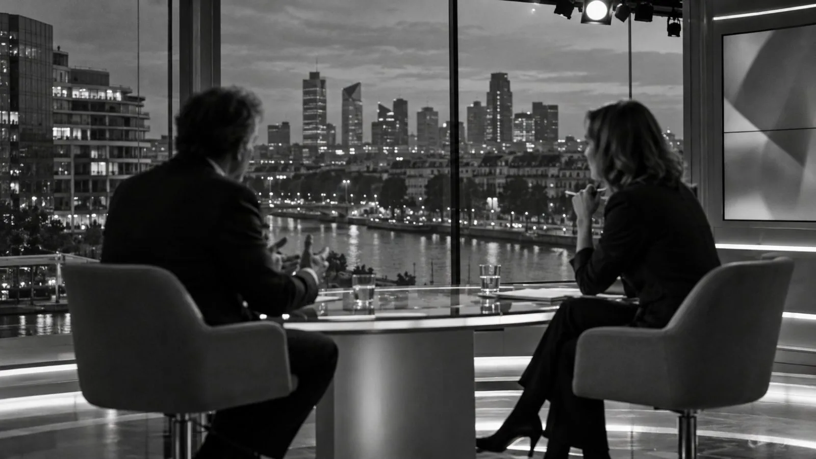 A television interview is filmed in a news studio in Issy-les-Moulineaux, France. (AI-generated image / EconoTimes)