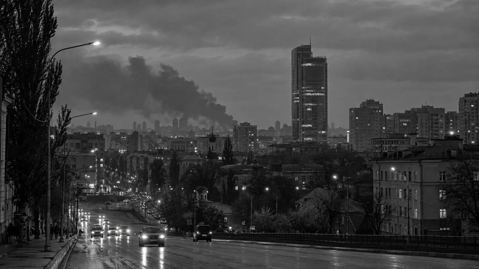 Smoke rises near the Chizhov Gallery business center in Voronezh before dawn. (AI-generated image / EconoTimes)