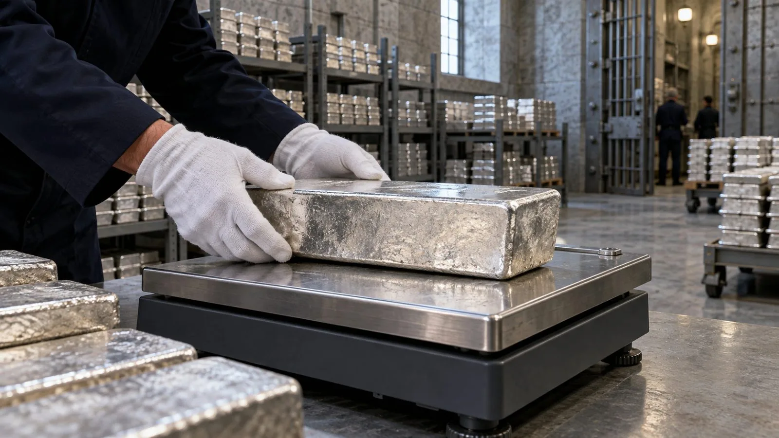 Gloved hands inspect a silver bar inside a precious-metals vault in London, England. (AI-generated image / EconoTimes)