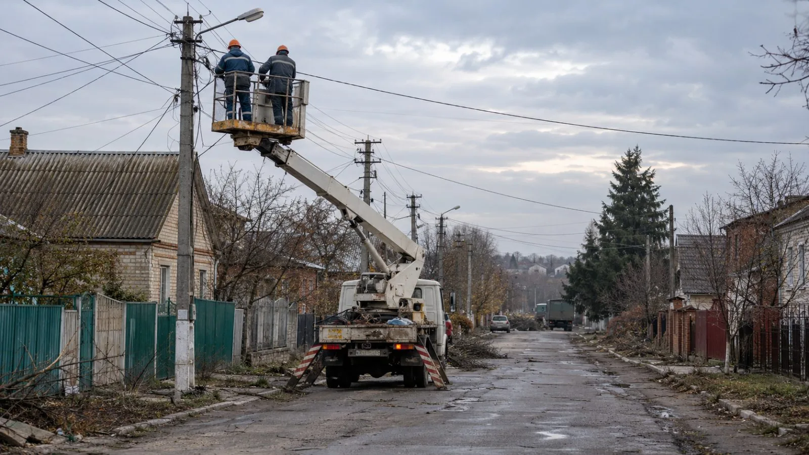 Utility workers inspect overhead power lines along a residential street in Konotop, Ukraine. (AI-generated image / EconoTimes)