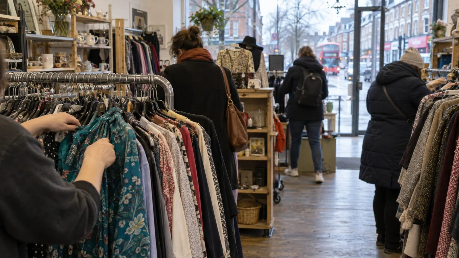 Shoppers browse donated clothing inside a charity shop on a London high street, United Kingdom. (AI-generated image / EconoTimes)