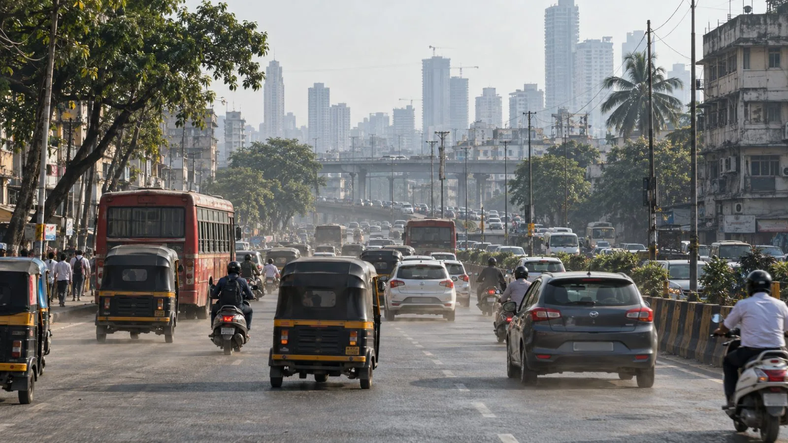 Vehicles move through a light winter haze on a busy road in Mumbai, India (AI-generated image / EconoTimes)