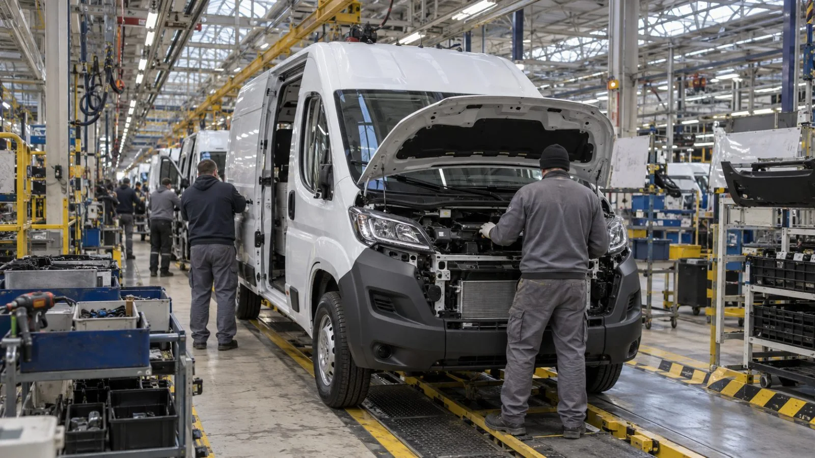 A commercial van moves along the assembly line at Stellantis' plant in Atessa, Italy (AI-generated image / EconoTimes)