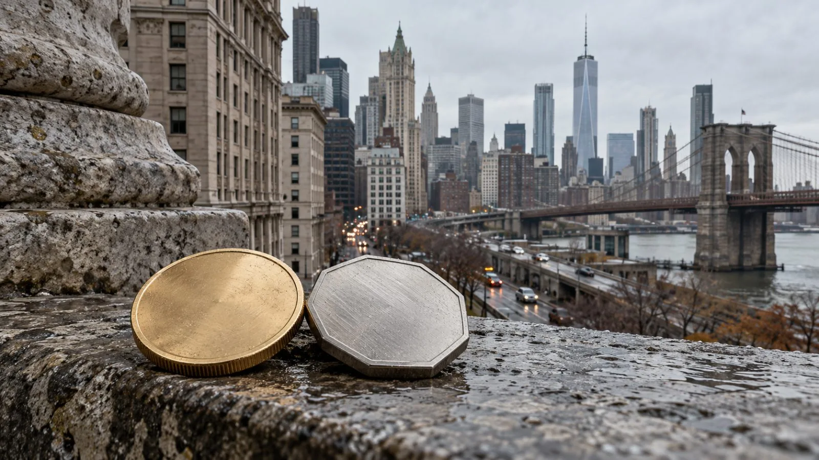 Two metal cryptocurrency tokens rest side by side on a stone ledge in New York City. (AI-generated image / EconoTimes)