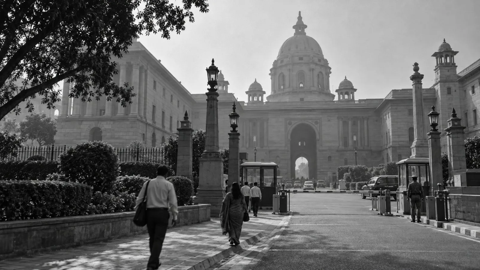 The Commerce Ministry entrance stands in soft morning haze in New Delhi, India. (AI-generated image / EconoTimes)