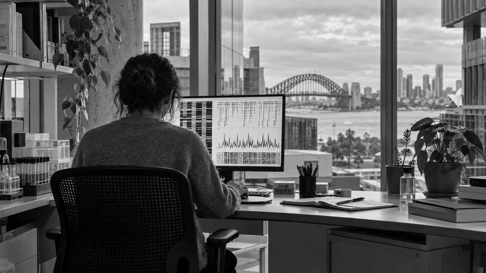 A researcher reviews genomic data at the University of Technology Sydney in Australia. (AI-generated image / EconoTimes)