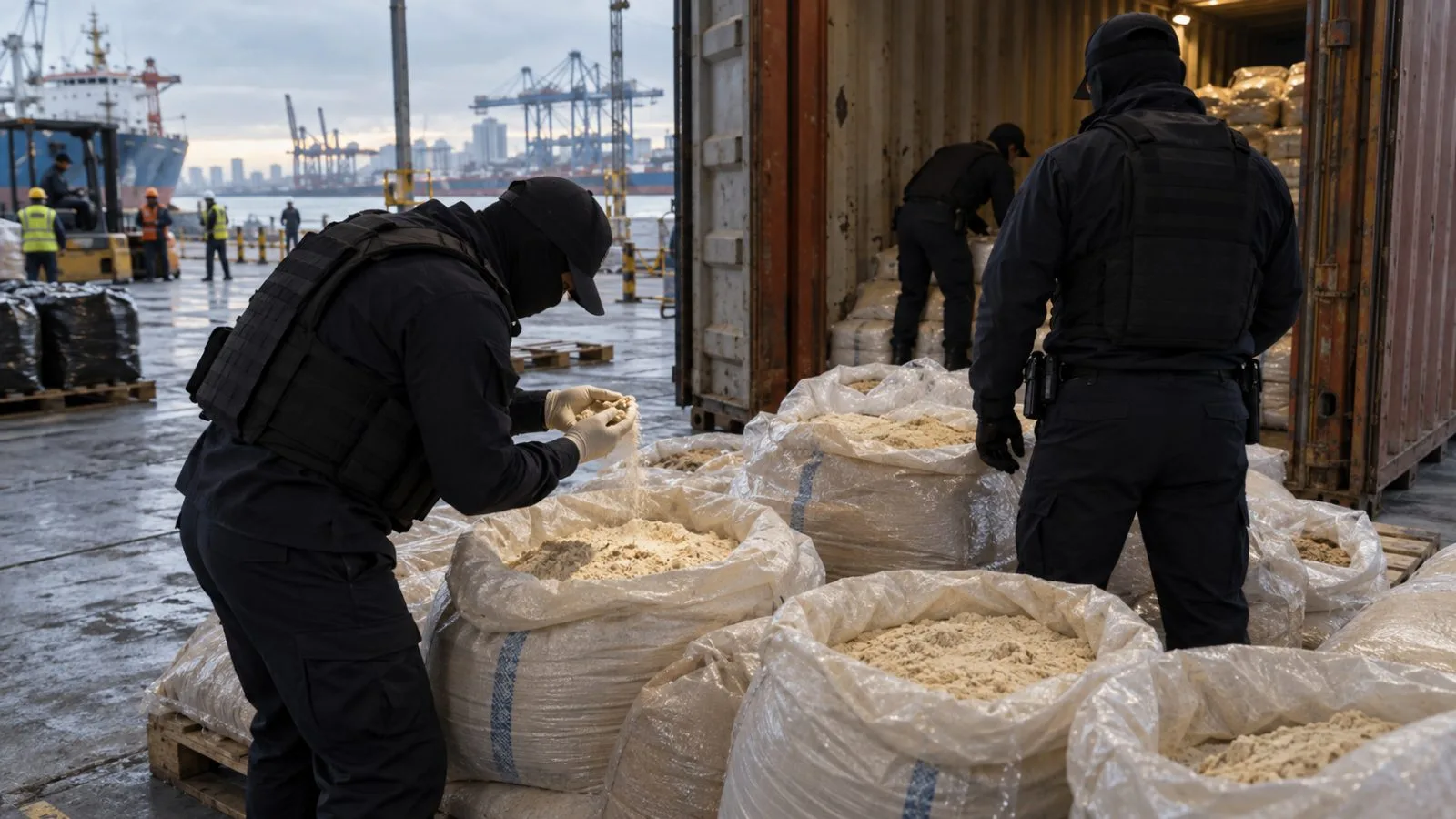 Colombian officers inspect sacks beside a cargo container at Cartagena port. (AI-generated image / EconoTimes)