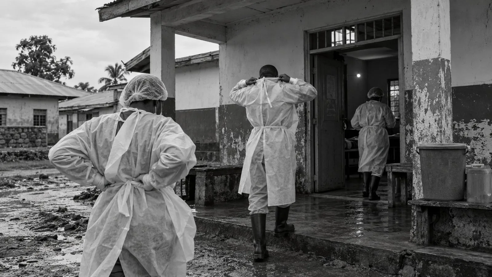 Health workers prepare protective gear outside a clinic in Bunia, Democratic Republic of the Congo. (AI-generated image / EconoTimes)