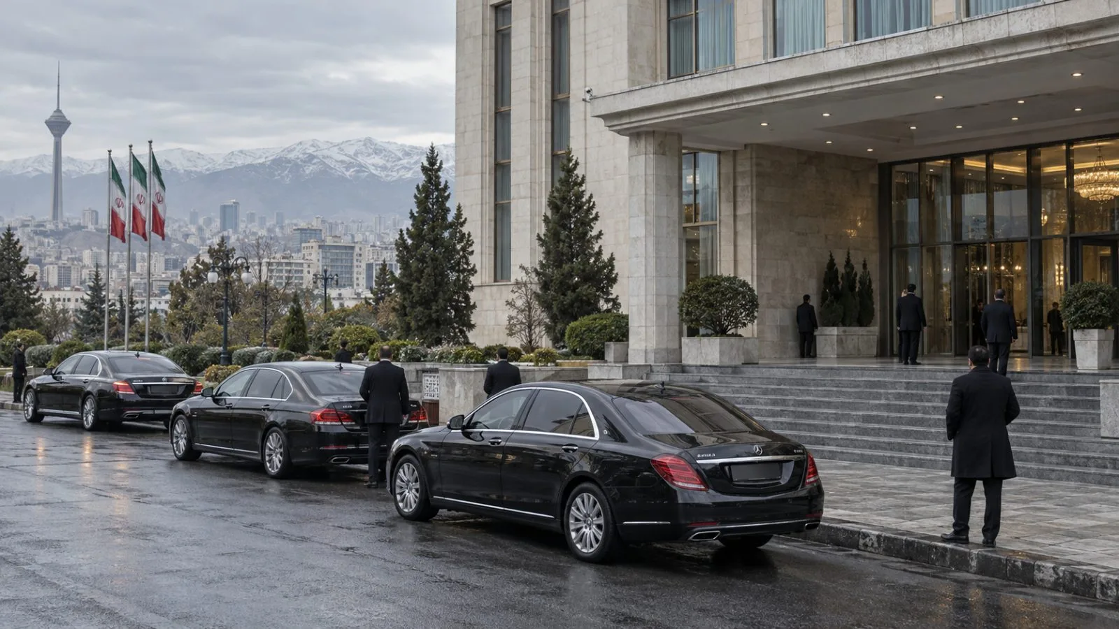 Official sedans wait outside a government conference venue in Tehran under an overcast morning sky (AI-generated image / EconoTimes)