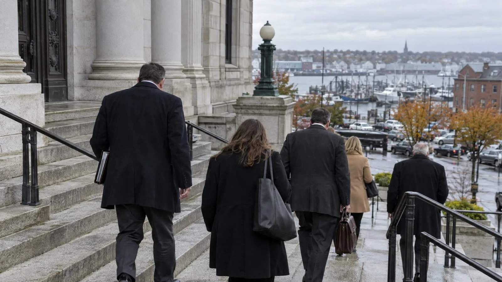 People descend courthouse steps in New Bedford, Massachusetts, on an overcast afternoon. (AI-generated image / EconoTimes)