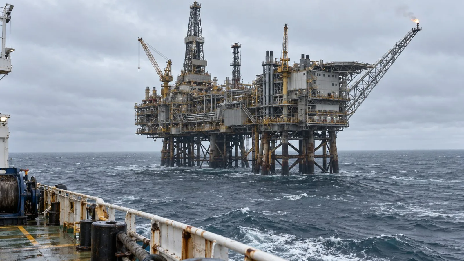 An oil production platform stands in the North Sea off Aberdeen, Scotland. (AI-generated image / EconoTimes)