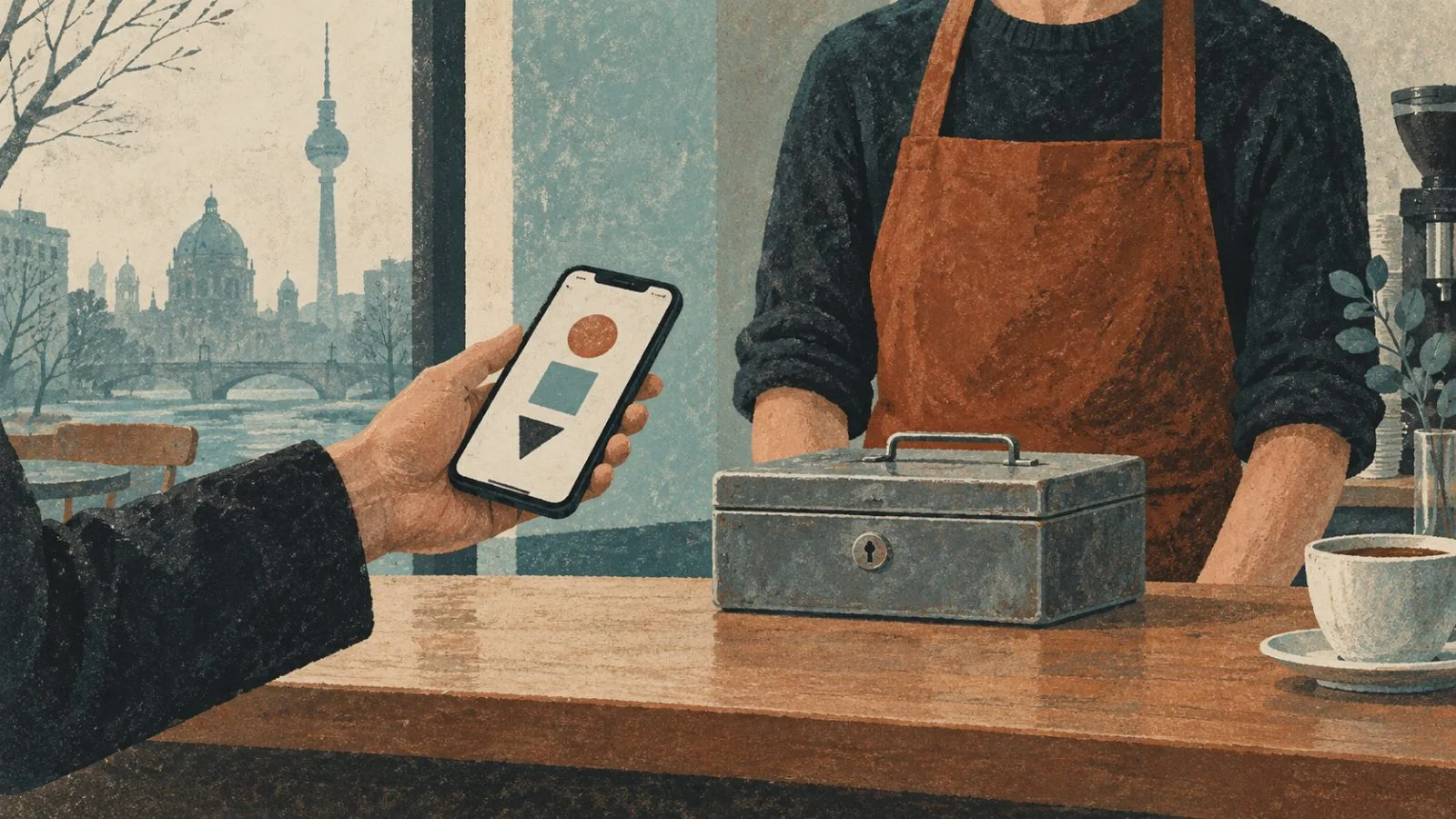 A customer presents a phone at a neighborhood café counter in Berlin, Germany (AI-generated image / EconoTimes)