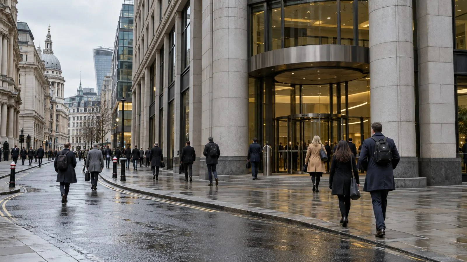 Office workers pass the Minster Building in London under an overcast sky. (AI-generated image / EconoTimes)