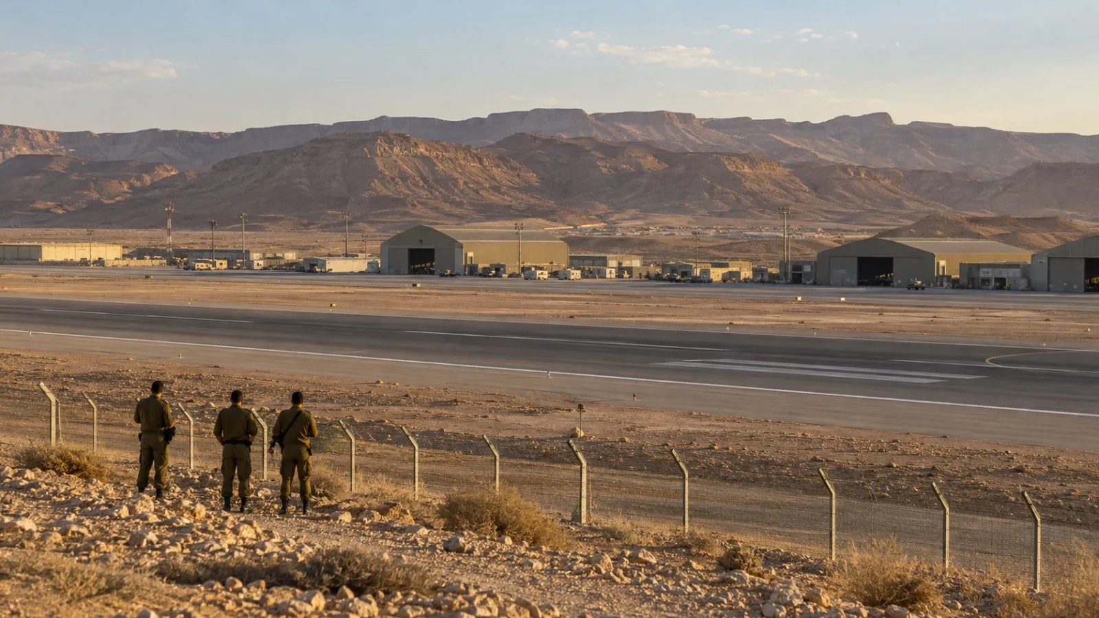 The runway and hangars at Ovda Airbase in southern Israel sit in the late-afternoon light (AI-generated image / EconoTimes)