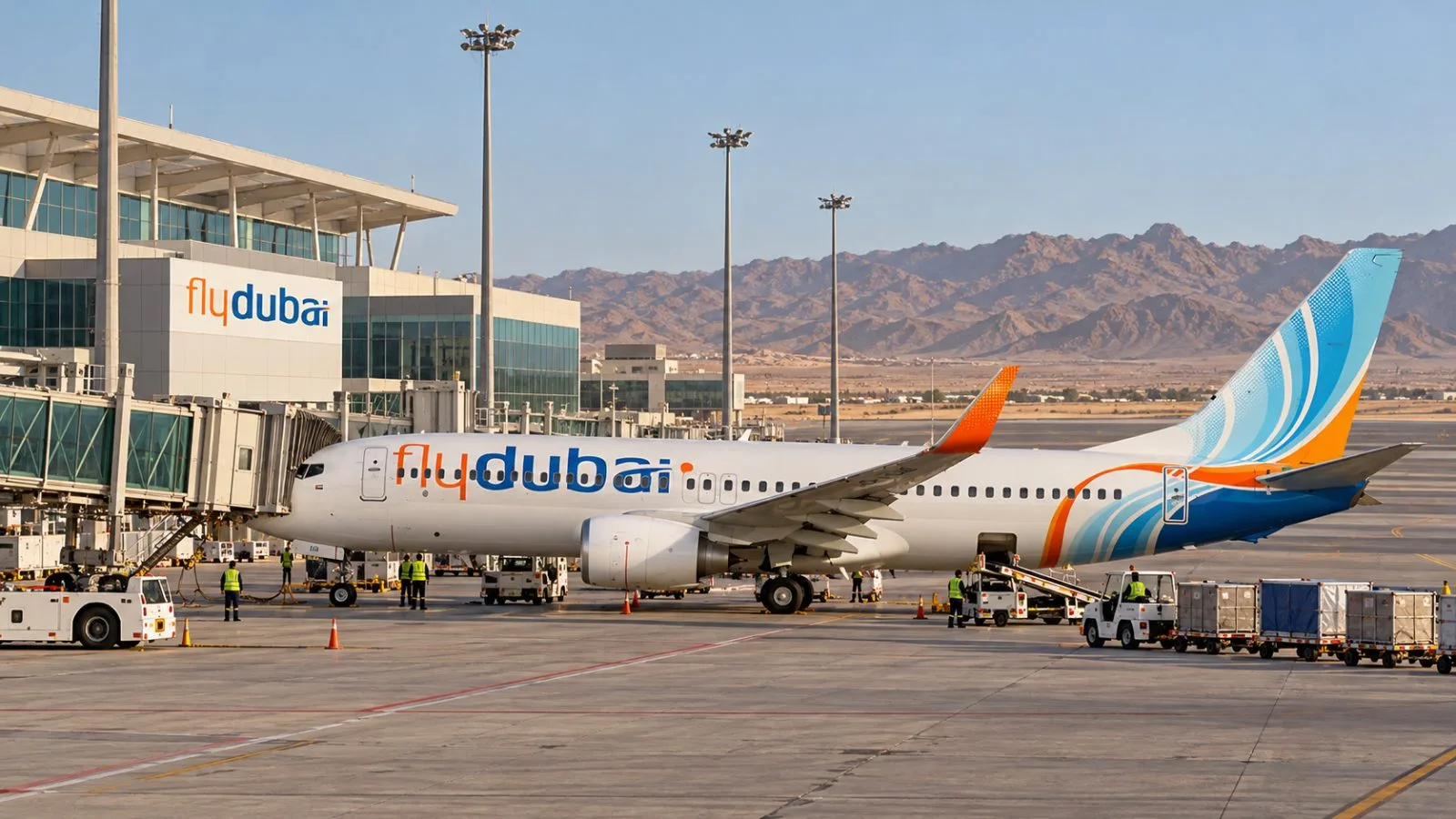 A passenger aircraft stands on the apron at Tabuk Airport in Saudi Arabia. / EconoTimes.ai