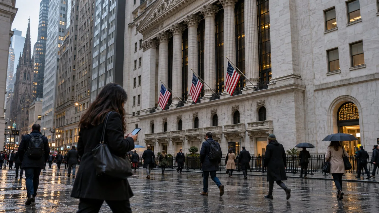 A passerby checks a phone outside the New York Stock Exchange in Lower Manhattan, New York City. (AI-generated image / EconoTimes)