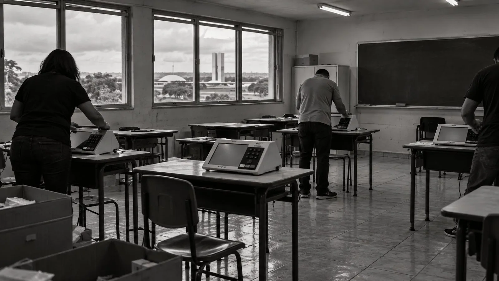 Election workers prepare electronic voting machines at a public school in Brasília, Brazil (AI-generated image / EconoTimes)