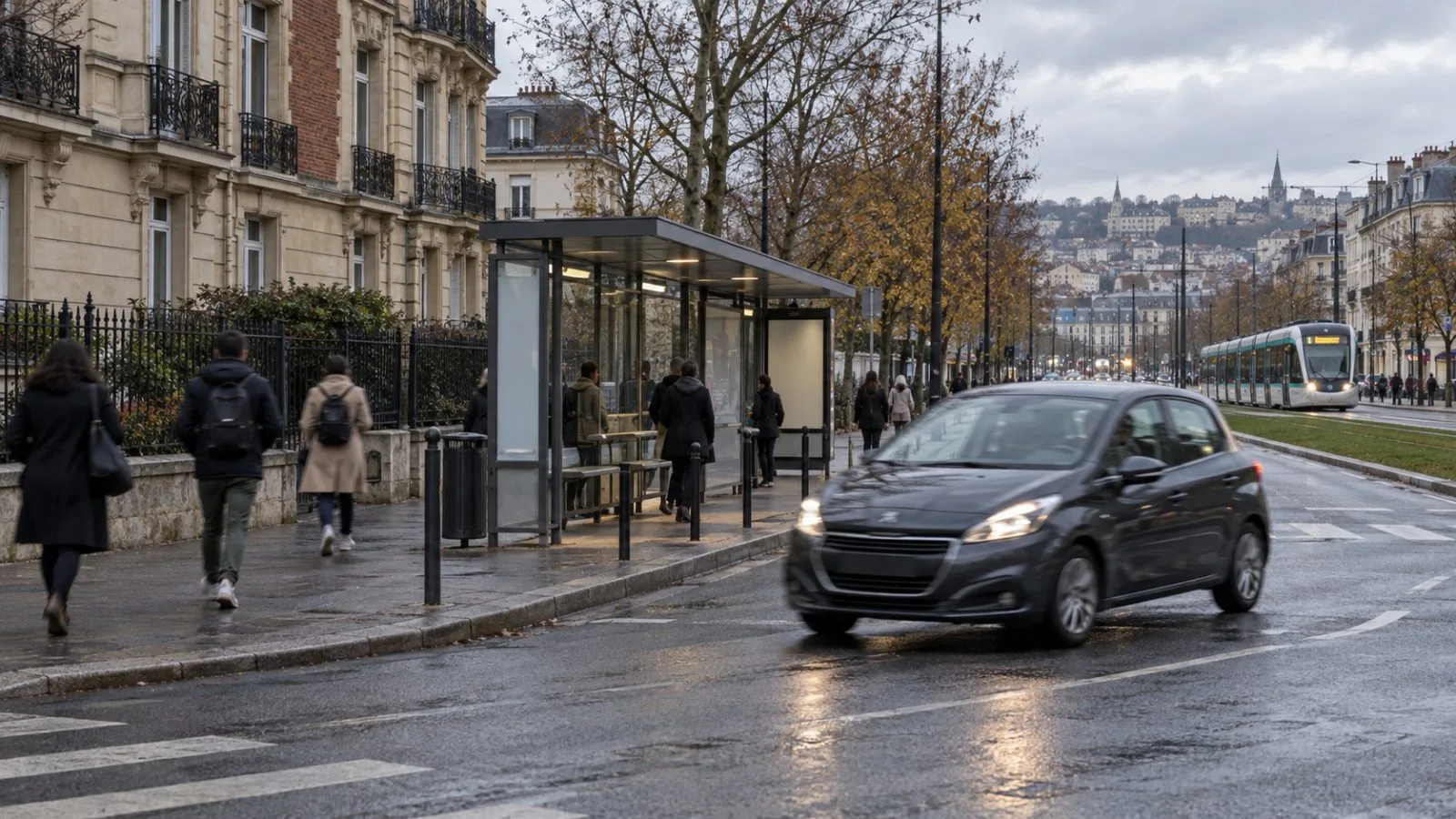 Commuters wait beside a suburban road near a transit stop in Greater Paris, France. (AI-generated image / EconoTimes)