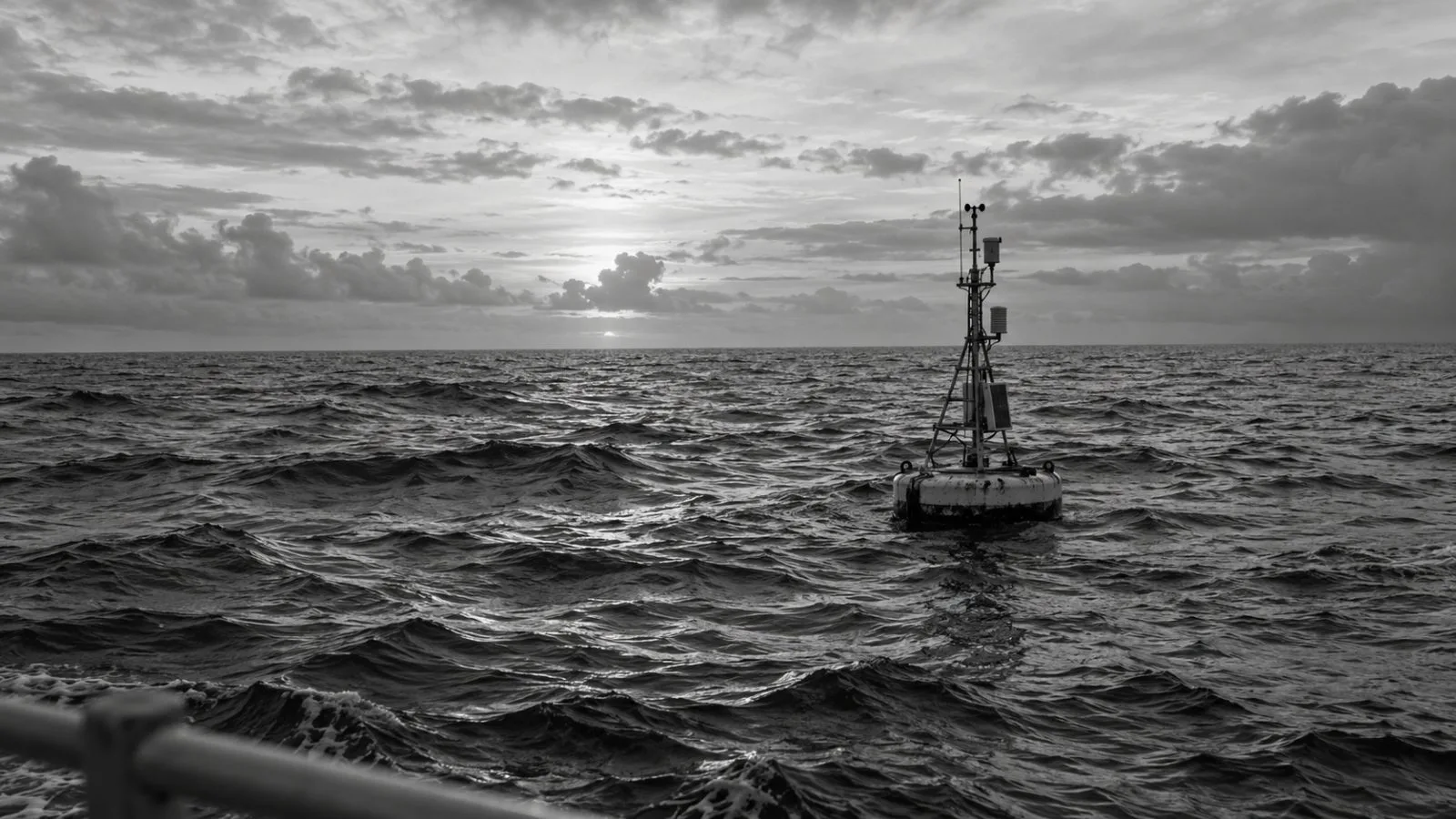 An ocean-observing buoy rises from Pacific swells west of Puerto Ayora in Ecuador’s Galápagos Islands. (AI-generated image / EconoTimes)