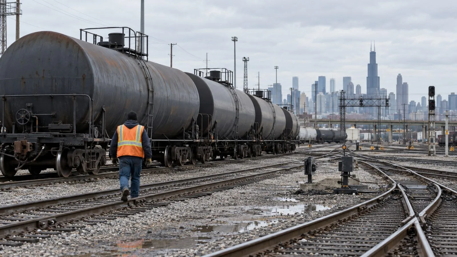 Tank railcars stand on tracks at a freight yard in Chicago, Illinois. (AI-generated image / EconoTimes)