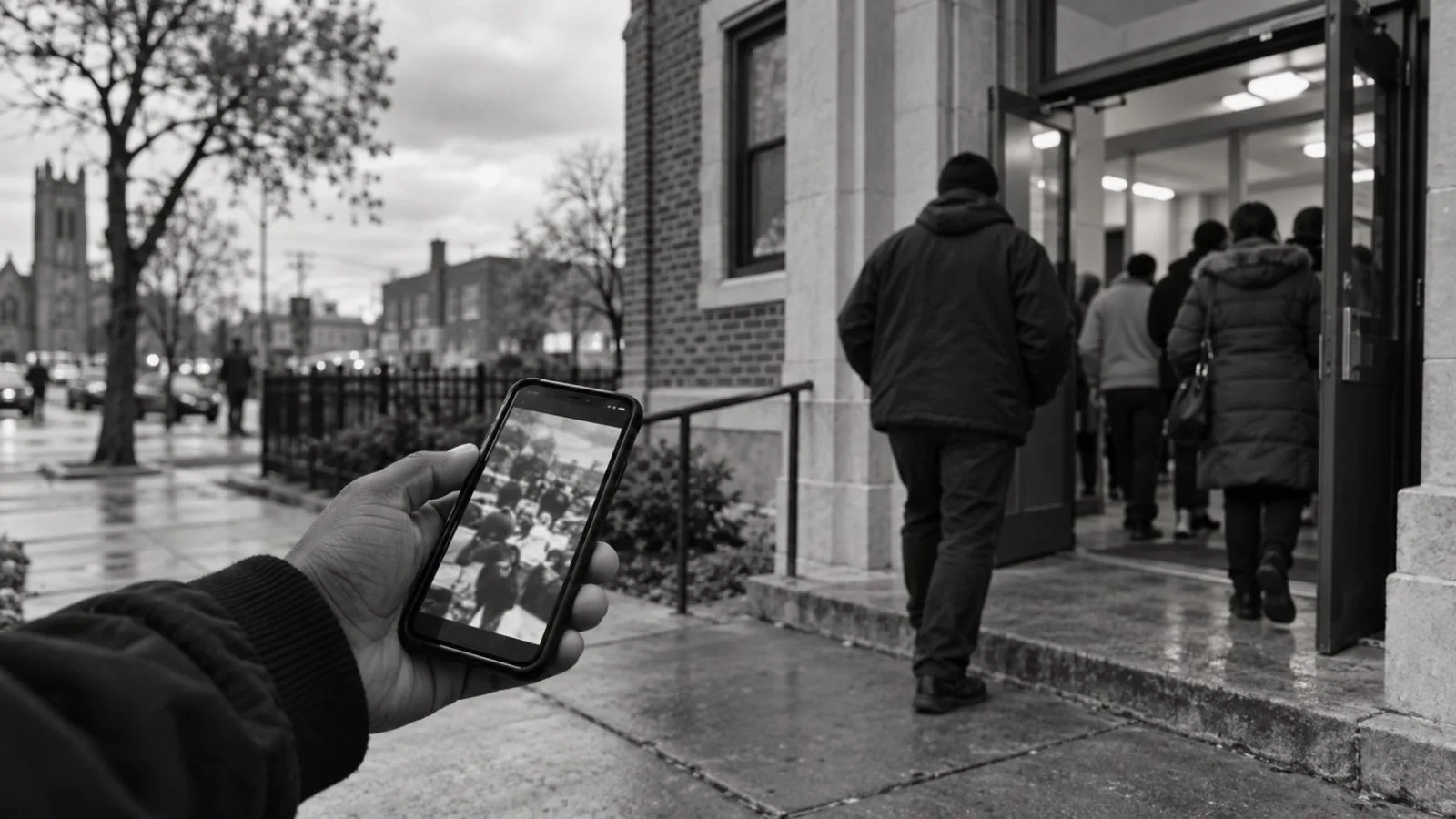 A passerby watches a campaign video outside an early-voting site in Detroit, Michigan. (AI-generated image / EconoTimes)