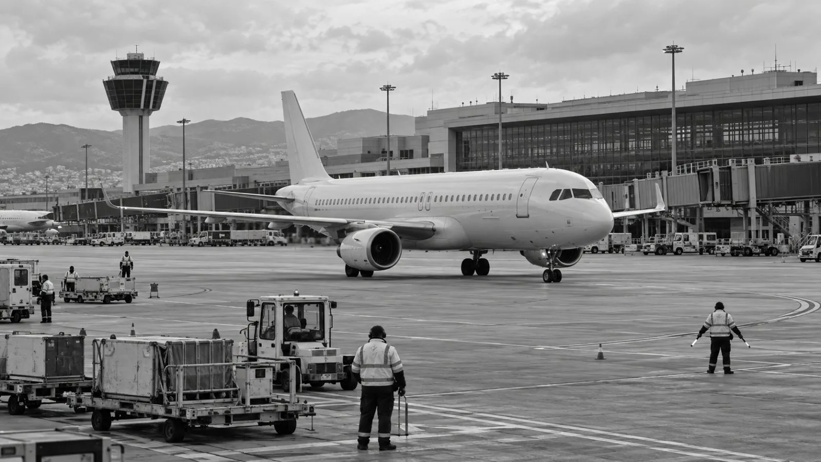 A passenger aircraft taxis beside the terminal at Athens International Airport in Athens, Greece. (AI-generated image / EconoTimes)