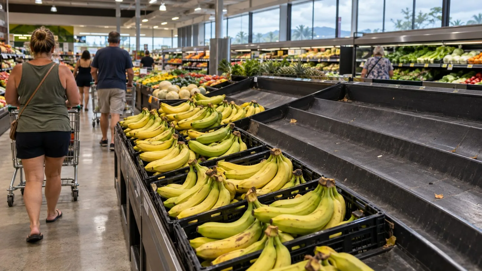 A partly stocked banana display stands in a supermarket in Cairns, Queensland. (AI-generated image / EconoTimes)